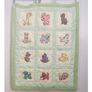 Vintage Hand Embroidered Applique Baby Quilt Blanket Wall Hanging Kitty Cat Lamb